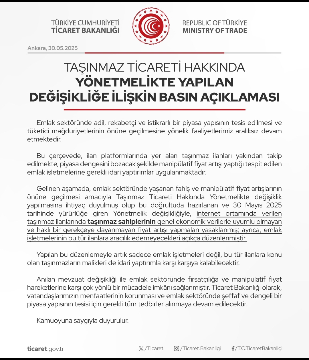 Ticaret Bakanlığı basın bildirisi
