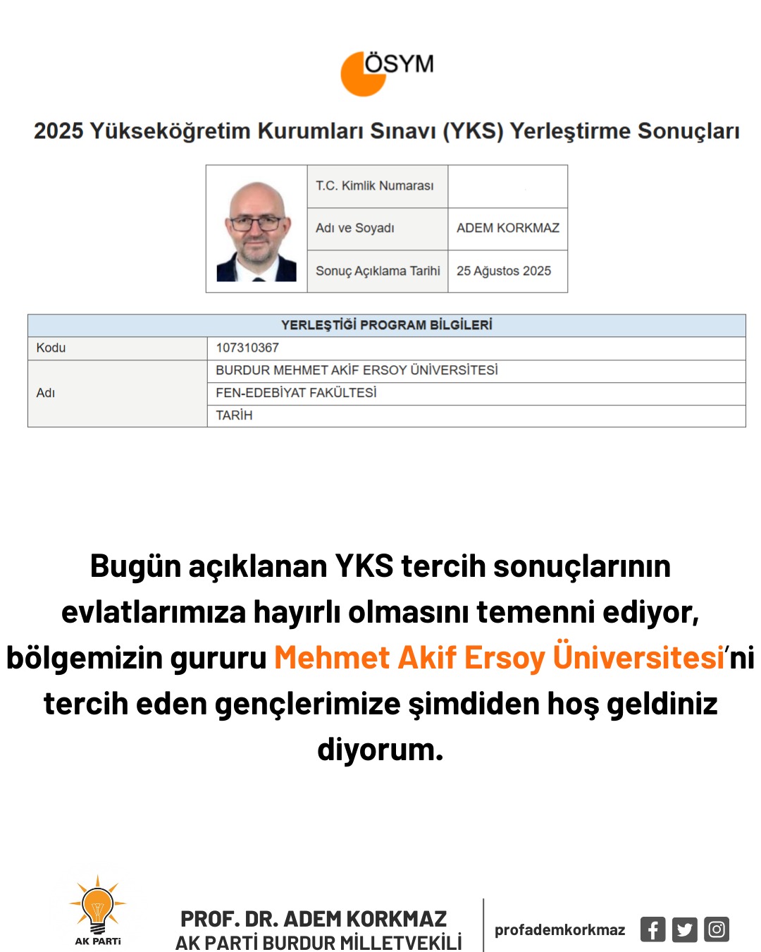 AK Parti Milletvekili Adem Korkmaz, Rektörlük Yaptığı Üniversiteye 1’inci Olarak Yerleşti