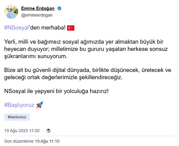 Emine Erdoğan, Yerli Sosyal Medya Platformu NSosyal’e Katıldı