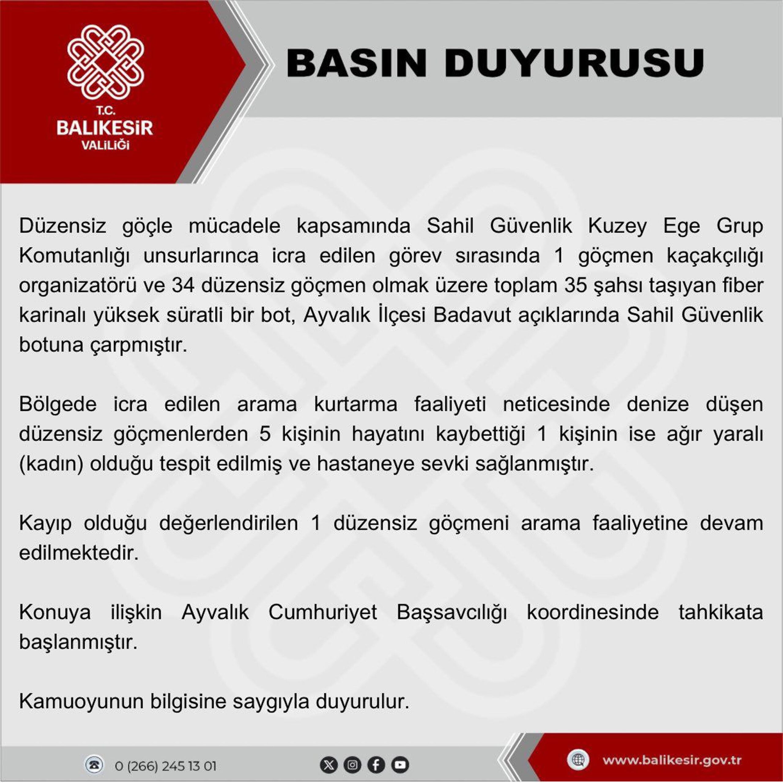 Ayvalık Açıklarında Kaçak Göçmen Faciası: 5 Ölü, 1 Ağır Yaralı