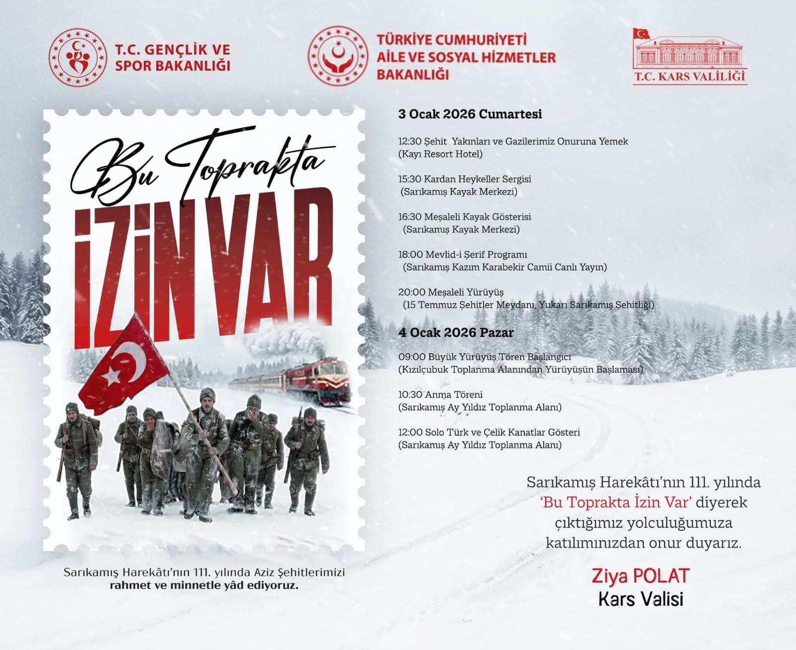 Sarıkamış Şehitleri 111. Yılı Anma Programı için ücretsiz araç kaldırılacak CEM DAŞDELEN- KARS /