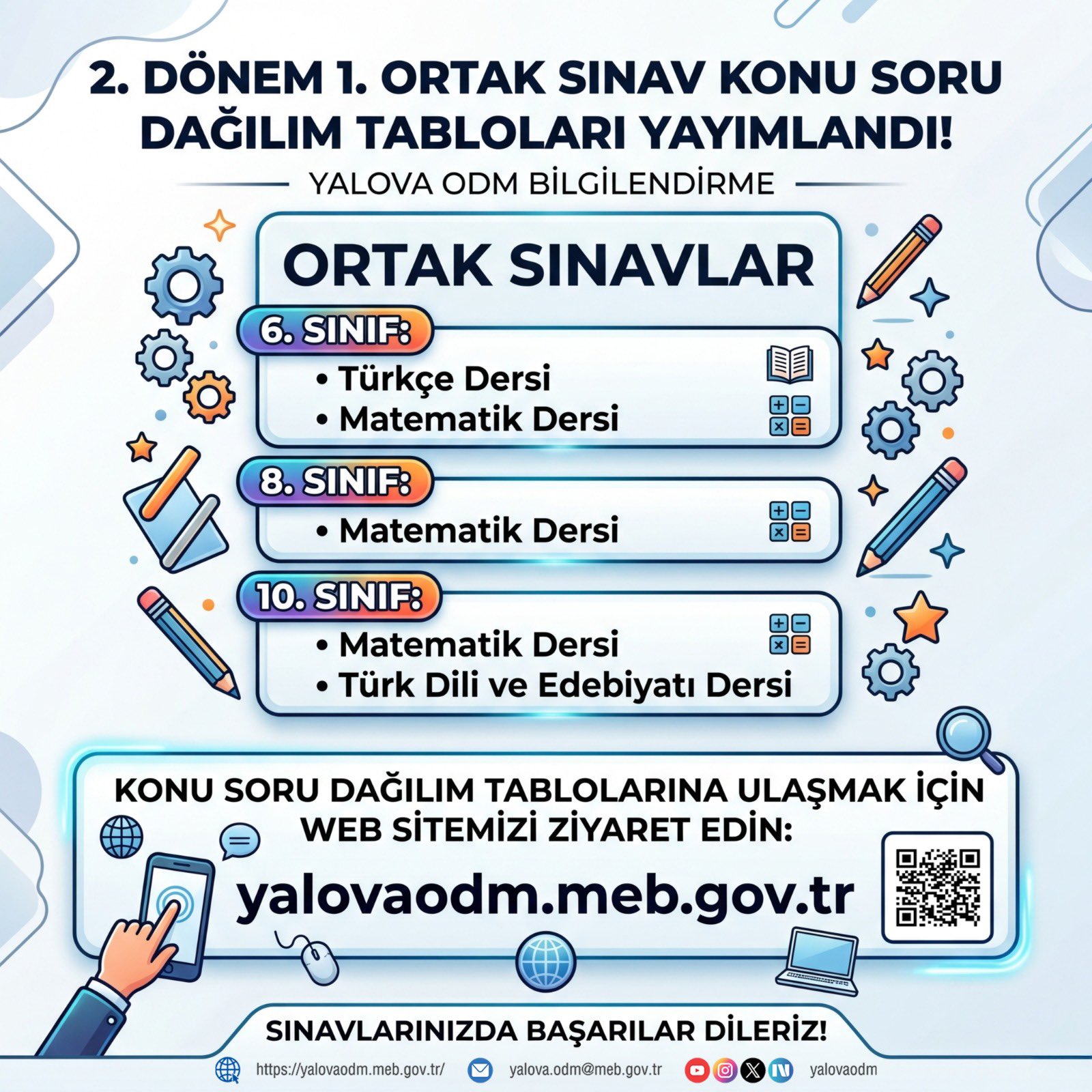 Yalova’da Ortak Sınav Soru Dağılım Tabloları Yayınlandı