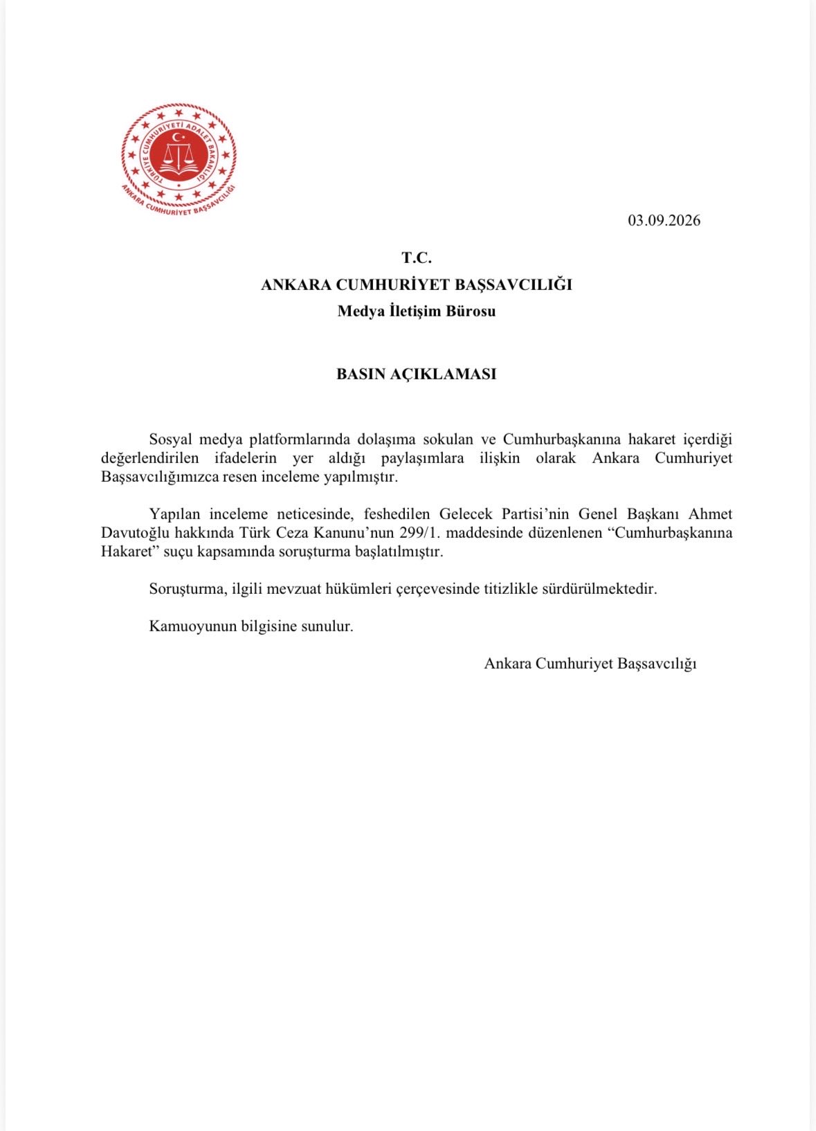 Ankara Cumhuriyet Başsavcılığından Ahmet Davutoğlu Hakkında “Cumhurbaşkanına Hakaret” Soruşturması