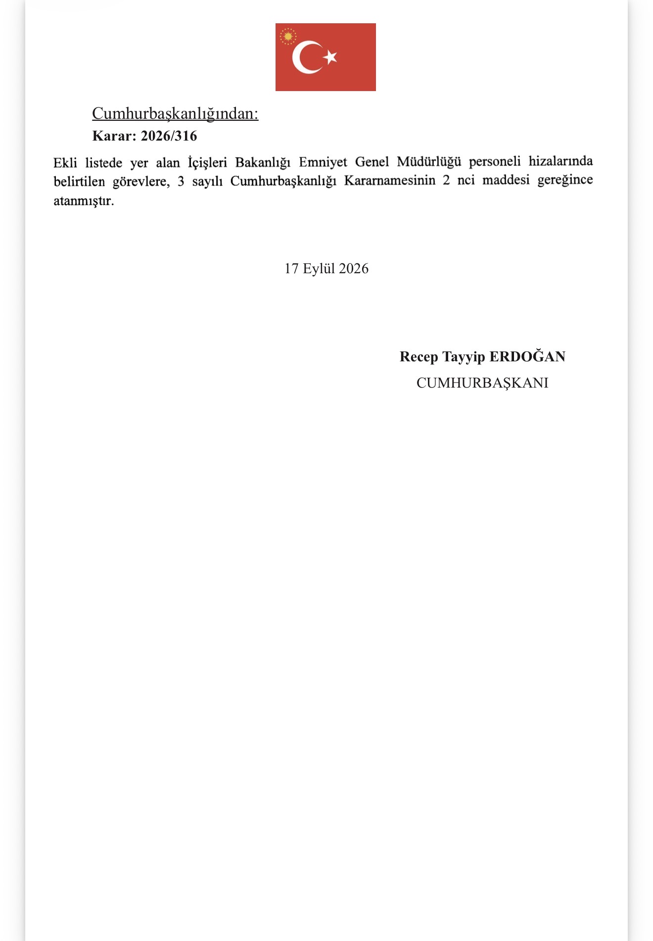 Cumhurbaşkanı Recep Tayyip Erdoğan’ın Kararıyla Emniyet Teşkilatında 69 Atama