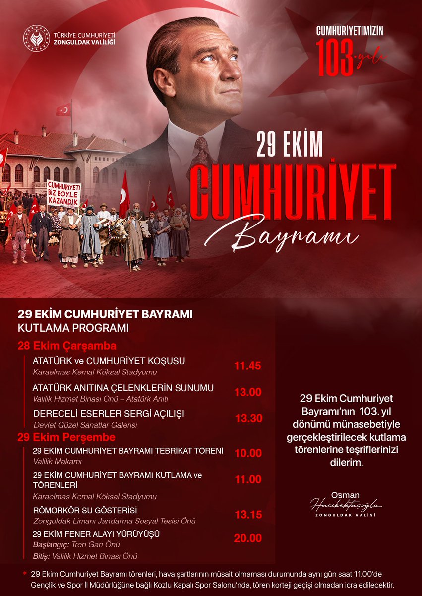 ZONGULDAK / TEKHA Zonguldak Valiliği, Cumhuriyetin kuruluşunun 103. yıl dönümü